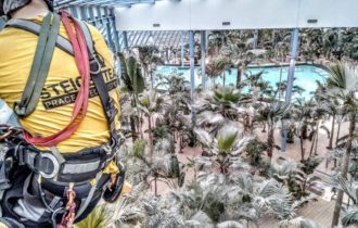 mężczyzna na wysokości na tle palm