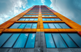 wysoki biurowiec, zdjęcie od dołu